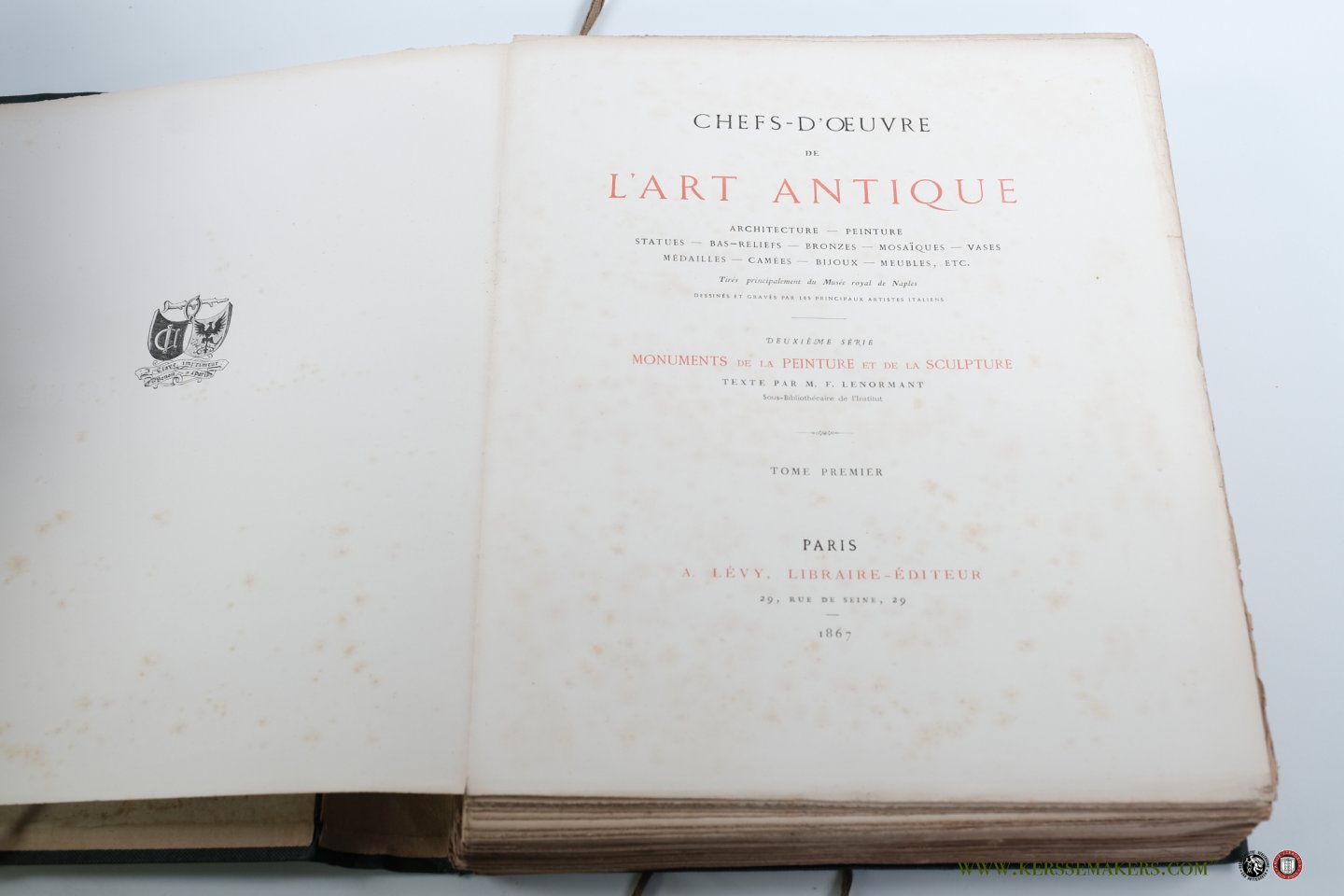 Lenormant, F. - Chefs d'oeuvre de l'art antique. Architecture - Peinture - Statues - Bas-reliëfs - Bronzes - Mosaïques - Vases - Medailles - Camées - Bijoux - Meubles, etc. Tirés principalement du Musée royal de Naples, dessinés et gravés (gravures au trai...