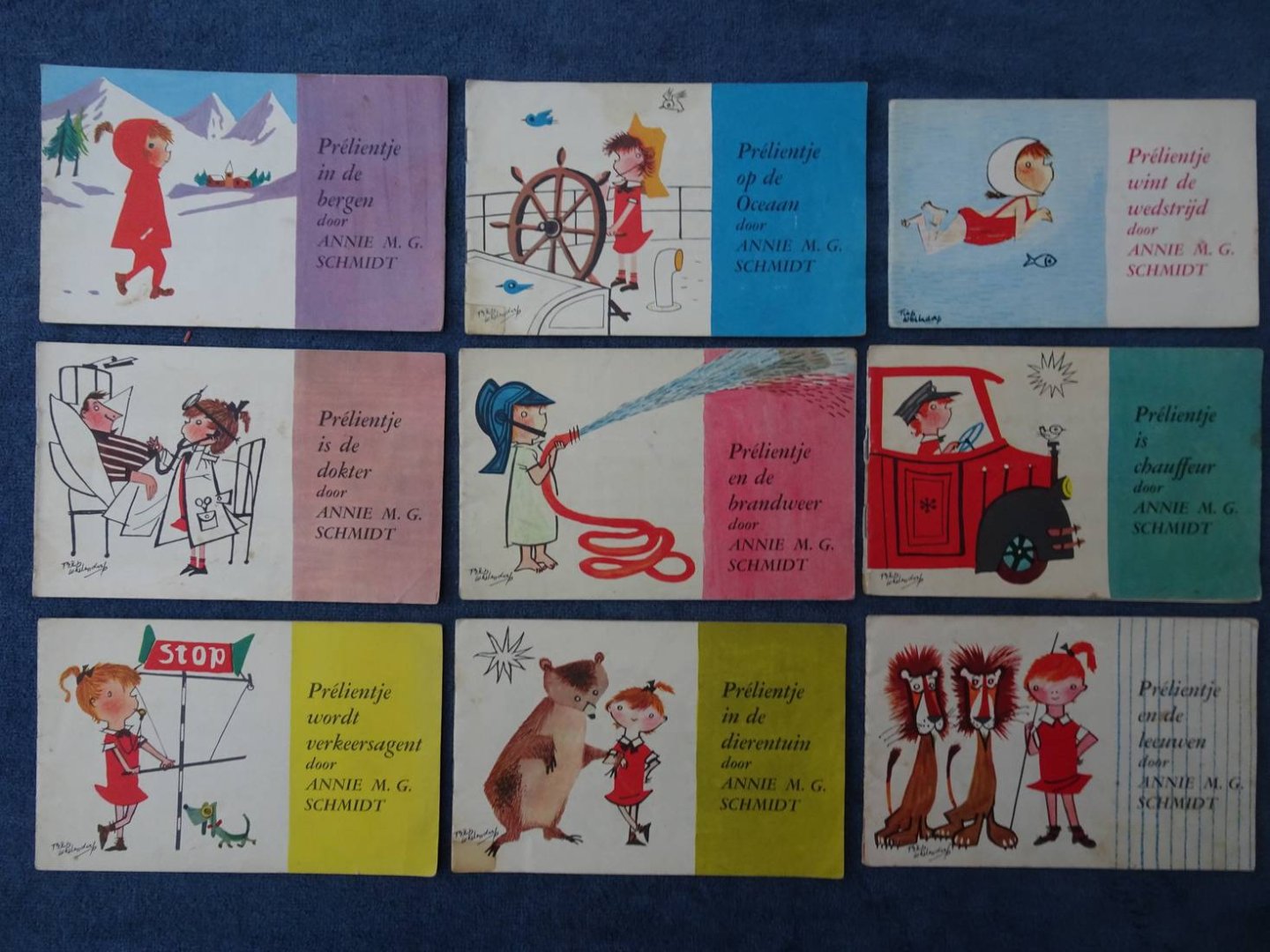 Schmidt, Annie M.G and Fiep Westendorp - Prelientje In de bergen/ In de dierentuin/ En de brandweer/ Op de oceaan/ Is de chauffeur/ Wordt verkeersagent/ Is de dokter/ Wint de wedstrijd/ En de leeuwen. 9 titels met Prélientje in de hoofdrol