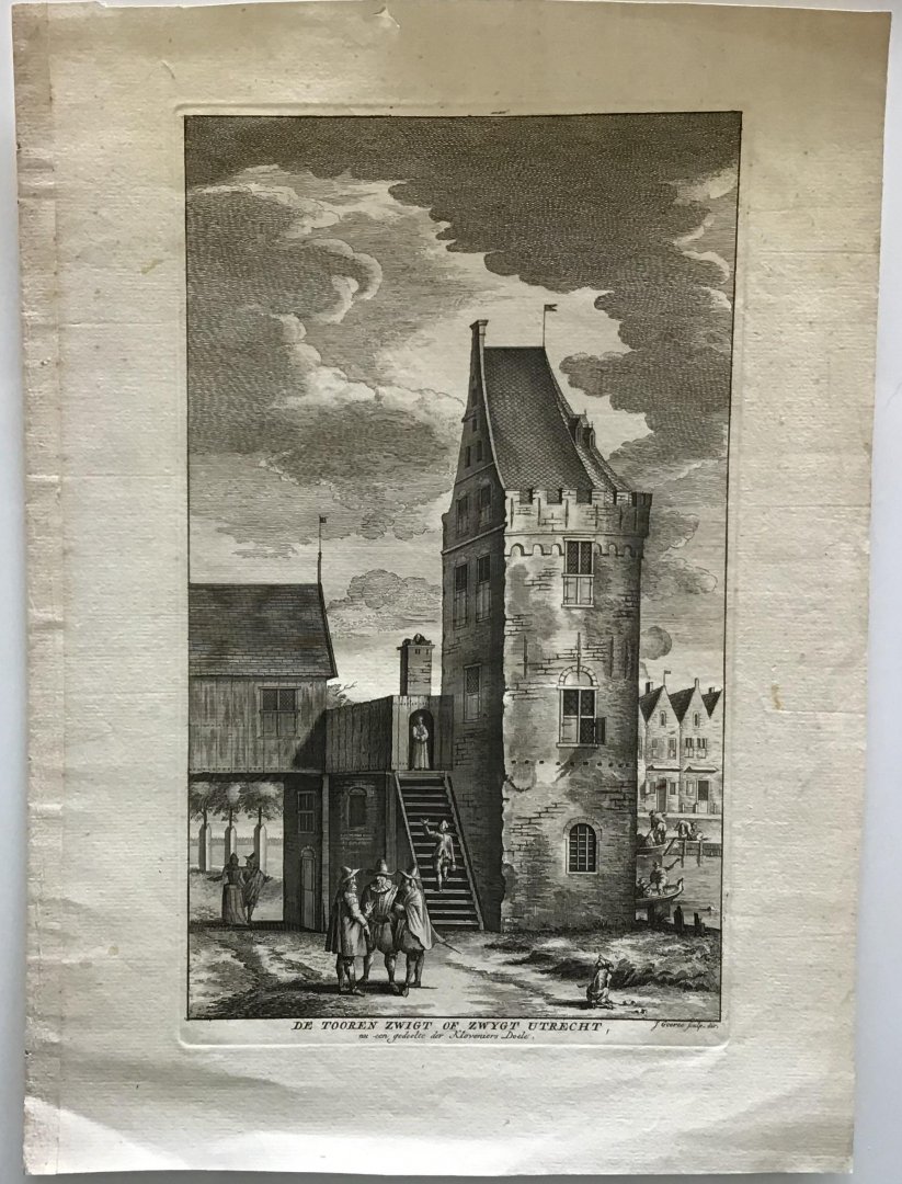 Wagenaar, Jan  Goeree, J. - De Tooren Zwigt of Zwygt Utrecht, nu een gedeelte der Kloveniers Doele. Originele kopergravure