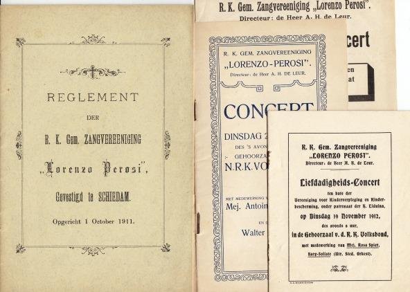 (SCHIEDAM). LORENZO PEROSI - R.K. ZANGVEREENIGING - Collectie van 5 drukwerkjes uit 1911-1913.