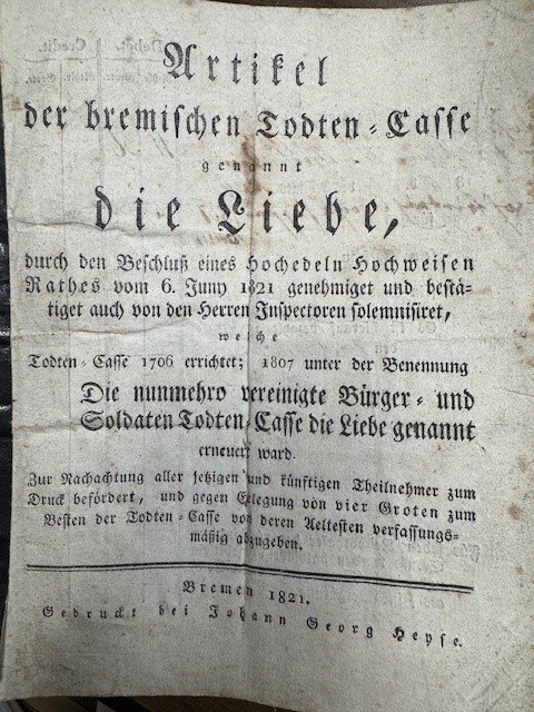 MEIJER, D. LAMPE, H., - Artikel der bremischen Todten-Casse genannt Die Liebe.