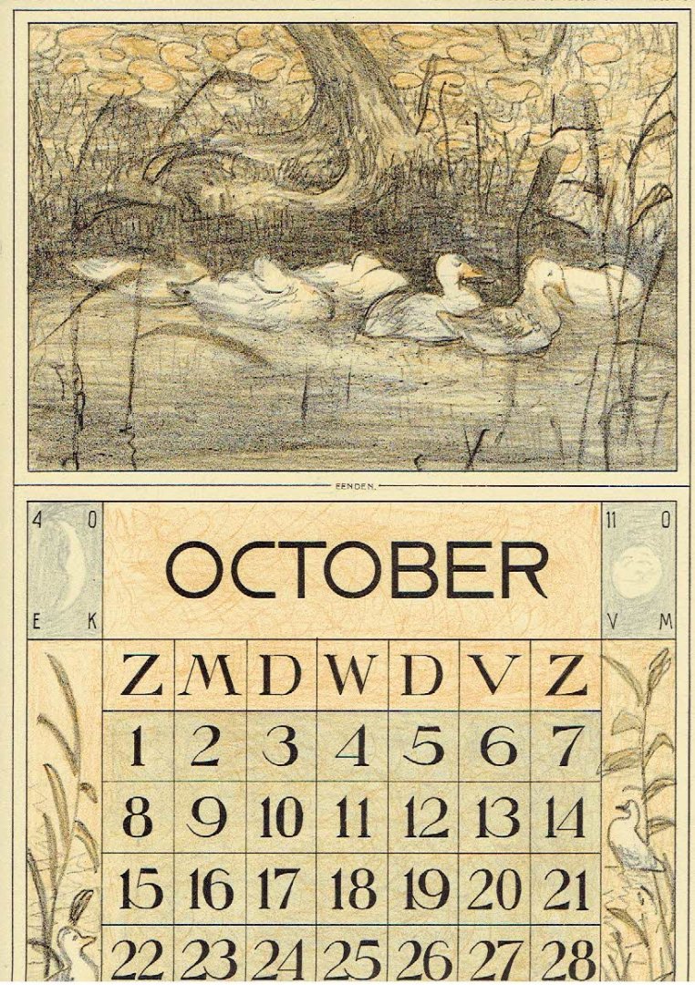 HOYTEMA, Theo van [HOIJTEMA] - Kalenderblad T. v. Hoytema - Eenden - october - kalenderjaar 1915.