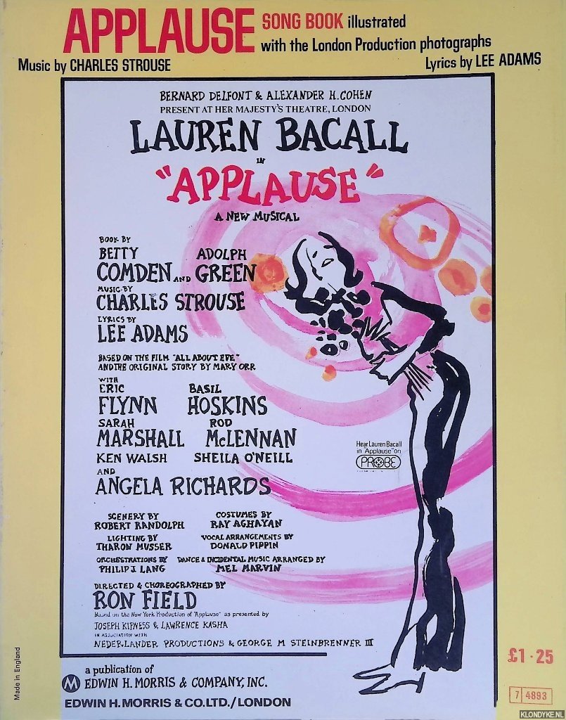 Strouse, Charles & Lee Adams - Applause Song Book: illustrated with the London Production photographs