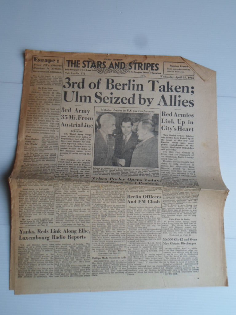 The Stars and Stripes, Daily Newspaper of US Armed Forces in the European Theater of Operations - 3rd of Berlin Taken; Ulm Seized by Allies