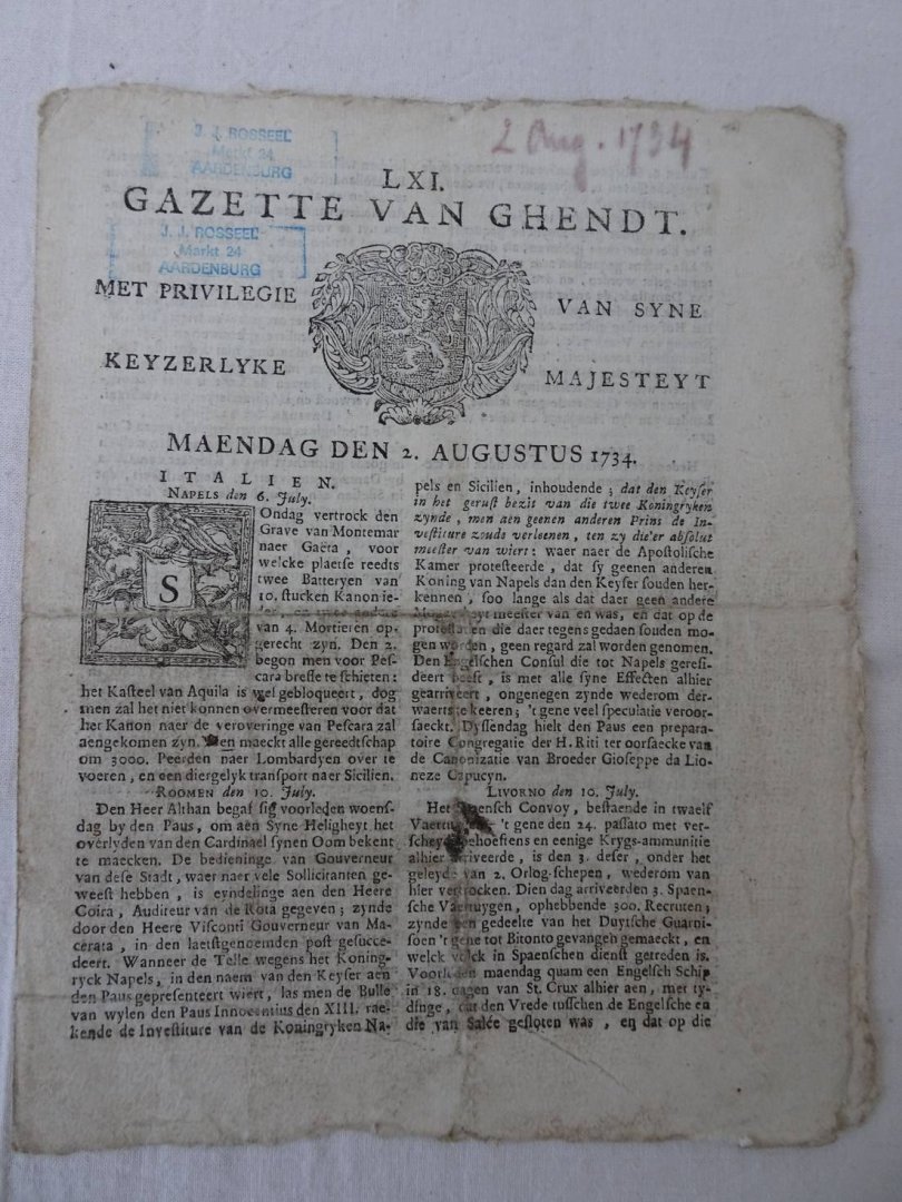 N.n.. - Gazette van Ghendt. LXI. (61). Maendag den 2. augustus 1734. Met privilege van Syne Keyzerlyke Majesteyt.