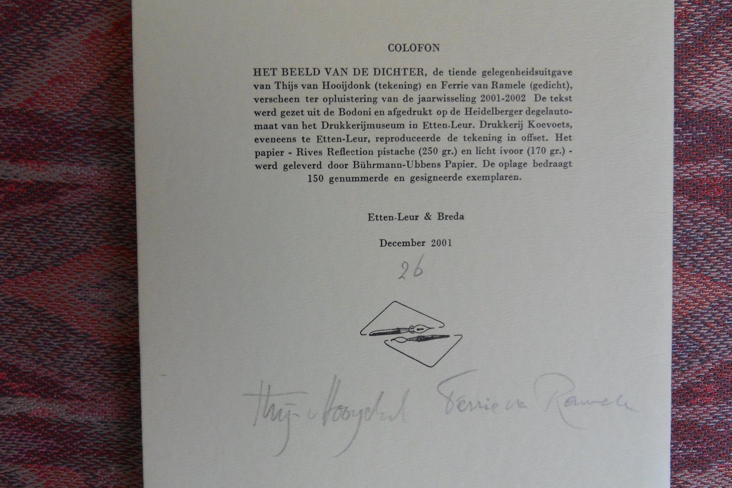 Ramele, Ferrie van. [ Gesigneerd door de auteur en illustrator ]. - Het Beeld van de Dichter. [ Genummerd ex. 26 / 150 ].