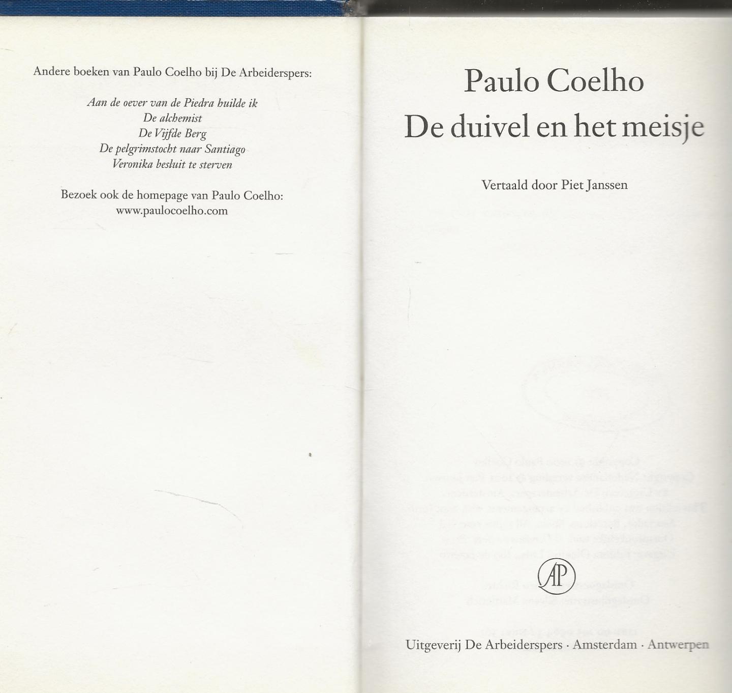 Coelho, Paulo  Vertaald door Piet Janssen  Omslagontwerp  Nico Richter  Omslagillustratie Silvana  Mattierich - De Duivel en het Meisje