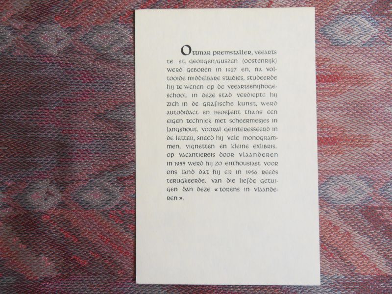 Premstaller, O. [ GESIGNEERD door de kunstenaar]. - Torens in Vlaanderen. [Genummerd ex. 100 / 100 ].