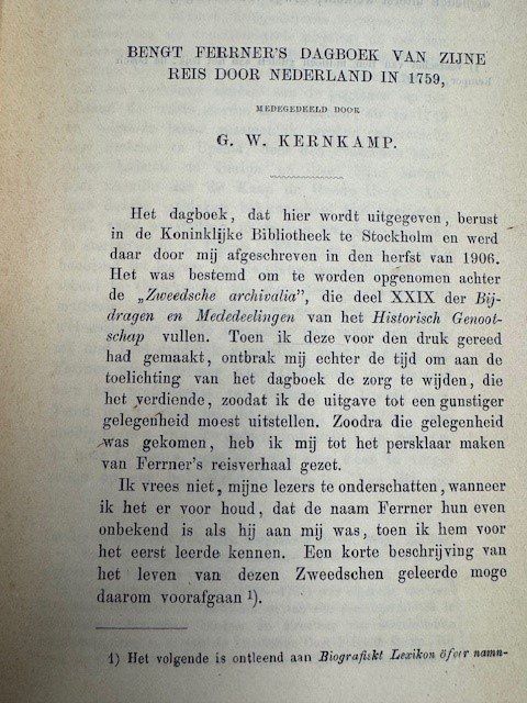 KERNKAMP, G.W., - Bengt Ferrners's dagboek van zijne reis door Nederland in 1759.