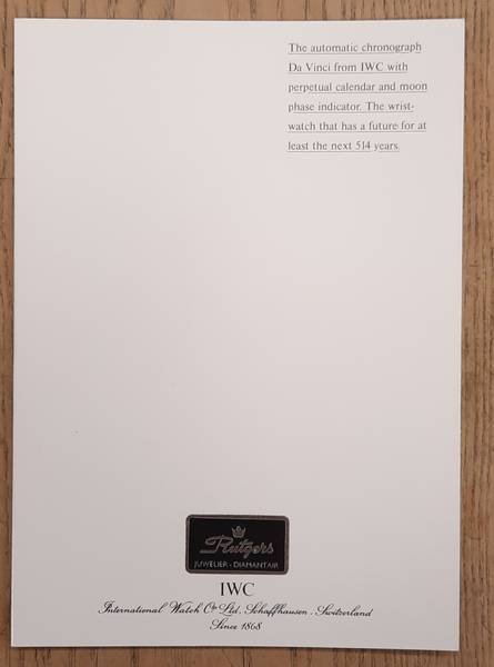 INTERNATIONAL WATCH COMPANY [ IWC ]. - Die Uhren von IWC. Band 3: Die Da Vinci, die Novecento und die Portofino-Linie. Watch Catalog, Ausgabe 1987.