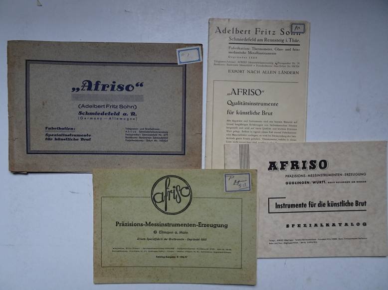 N.n.. - Afriso (Adelbert Fritz Sohn) Schmiedefeld. Präzisions- Messinstrumenten- Erzeugung. Instrumente für die künstliche Brut. 4 trade catalogues.