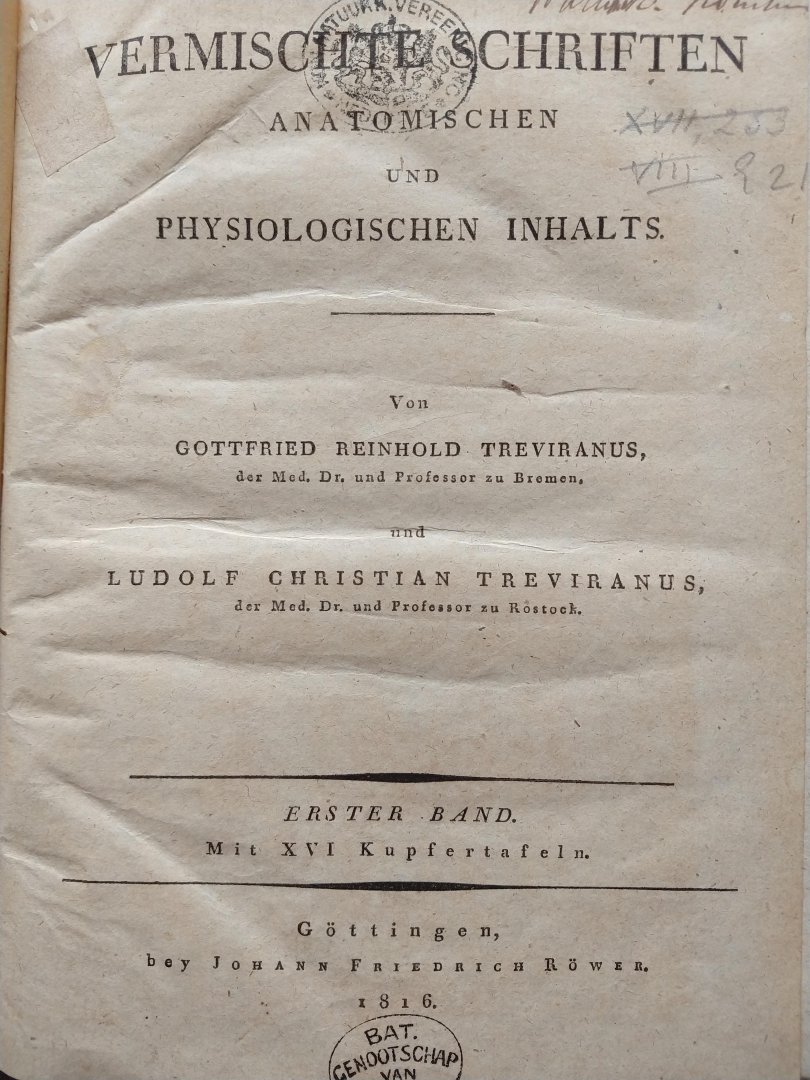 Treviranus, Gottfried Reinhold und Treviranus, Ludolf Christian. - Vermischte Schriften anatomischen und physiologischen Inhalts. Abhandlungen über den innern bau der ungeflugelte insekten