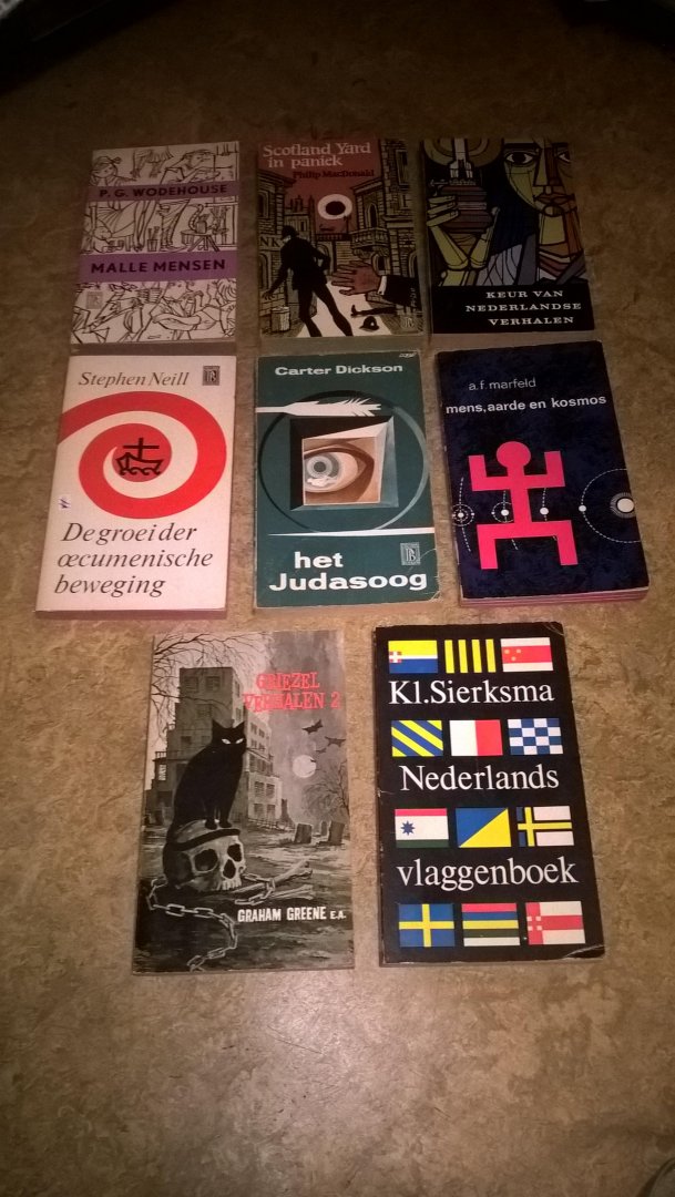 Greene, G / Sierksma, K / Neill, S / Dickson, C / Marfeld, A.F / Wodehouse, P.G / Macdonald, P / Maassen, P (samen gesteld) - Griezel verhalen 2 / Nederlands vlaggenboek / De groei der oecumenische beweging / Het judasoog / Mens,aarde en kosmos / Malle mensen / Scotland yard in paniek / Keur van nederlandse verhalen