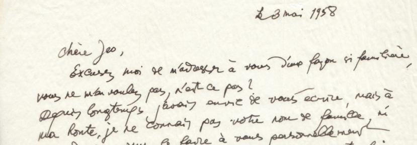 (SANDBERG). LIPCHITZ, Jacques - Handgeschreven brief, gesigneerd 'Jacques' aan 'Chère Jeo', gedateerd 'Le 3 mai 1958'.