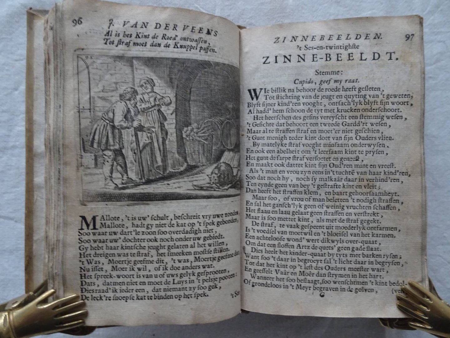 Veen, Jan vander. - Jan vander Veens Zinne-beelden, oft Adams appel, Verciert met seer aardige konst-platen. Mitsgaders syne oude en nieuwe ongemeene bruylofs- en Zegezangen, Raatselen, uytgebeeldt met zin-ryke uytleggingen; syn gulden en yseren eeuw; alsmede een...