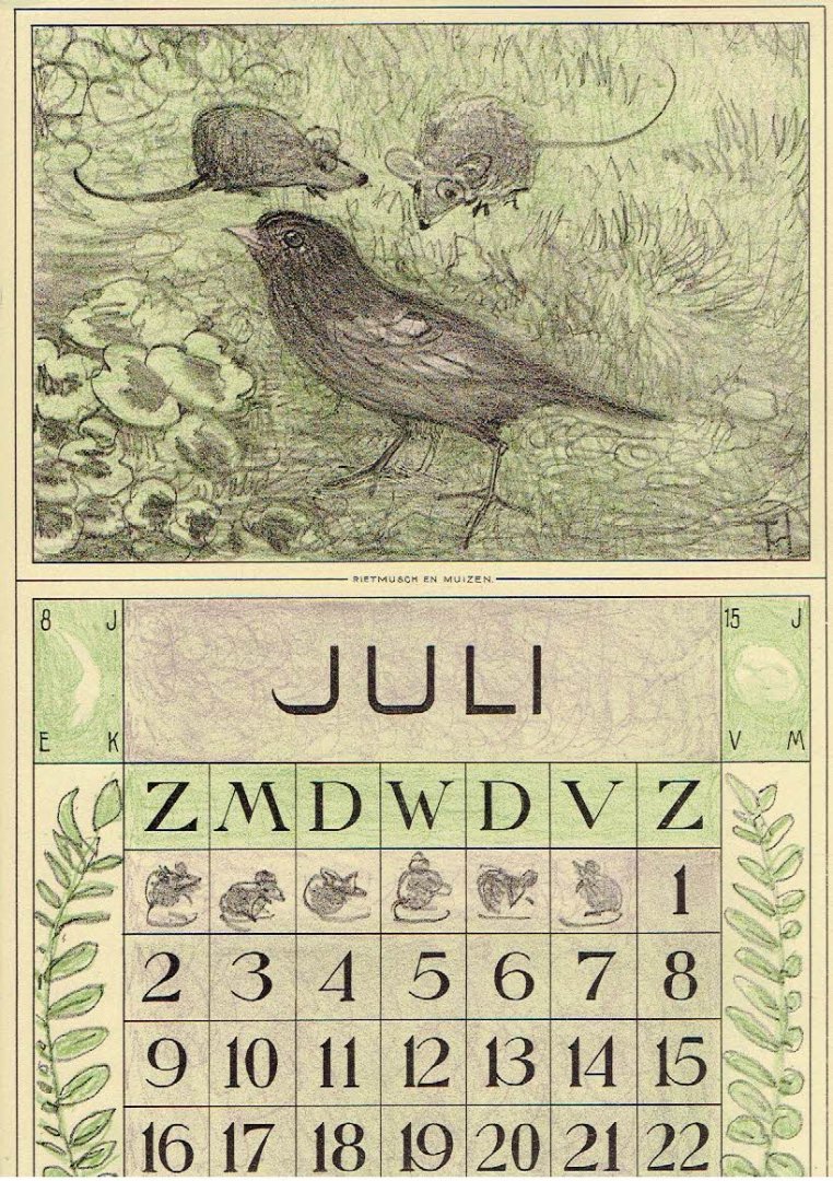 HOYTEMA, Theo van [HOIJTEMA] - Kalenderblad T. v. Hoytema - Rietmusch en muizen - juli - kalenderjaar 1915.