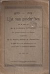 - 1873-1913. Lijst van geschriften van de hand van Mr. J. Nanninga Uitterdijk, den gemeente-archivaris van Kampen aangeboden, bij zijn 40-jarig jubileum op 1 Januari 1913, als hulde aan en ter waardering van zijn breede kennis en onvermoeide werkkracht - 1873-1913. Lijst van geschriften van de hand van Mr. J. Nanninga Uitterdijk, den gemeente-archivaris van Kampen aangeboden, bij zijn 40-jarig jubileum op 1 Januari 1913, als hulde aan en ter waardering van zijn breede kennis en onvermoeide werkkracht