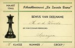 Schaken: - Bewijs van deelname den heer H. v.d. Woude (lid van schaakvereniging Spangen) - Bevrijdingstoernooi van den Rotterdamschen Schaakbond + Schaaktournooi ,,De Zwarte Dame"