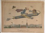  - [Antique satirical print, aviation, luchtvaart, ca 1845] Antique print of flying rocket with a man on it, (Vroege, handgekleurde litho, van een soort vliegende raket met een man erop). Titled: Dampfmaschinen Pferd worauf man in einer Stunde vo...