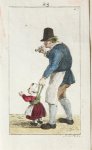 Mare, Pieter de (1757-1796) after Chalon, Christina (1748-1808) - Handgekleurde ets/Handcolored etching: Standing man with hat, smoking a pipe, helping a child to walk [plate 23 from "Zinspelende gedigjes, op de geestige printjes ge-etst door Pieter de Mare...", 1793] (Staande man met hoed en pijp helpt een ...