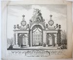 Simon Fokke (1712-1784), after Dirk van der Aa (1731-1809) - [Antique print, etching and engraving] Triumphal arch built for the marriage of Willem V and Fredrica Sophia Wilhelmina of Prussia in 1767. Buitenhof Den Haag. Published 1767.