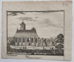 Zeeman, Abraham - Wassenaar. Kopergravure van A. Zeeman uit 1727.  Op de voorgrond wat mensen, op het dak van de kerk een ooievaarsnest.