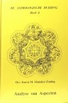 Hamaker - Zondag , Drs . Karen M . [ ISBN 9789063780913 ] 0121 - De  Astrologische  Duiding . Deel - 4 . ( Analyse  van  Aspecten . )  Karen Hamaker-Zondag is een internationaal bekende astrologe. Ze ontving in 1998 in de Verenigde Staten de allerhoogste onderscheiding op het gebied van onderwijs in en -