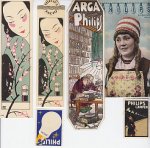 PHILIPS - Collectie van drie boekenleggers, twee reclamezegels en een ansichtkaart.