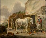  - [Antique drawing, watercolour] Farmer with horse in a backyard (Boer met paard in een erf), ca. 1800, 1 p.