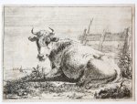 Os, Pieter Gerardus van (1776-1839) - Ets/Etching: Cow resting by a fence (Rustende koe).