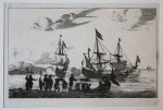 after Reinier Zeeman (1623/24-1664) - [Antique print, etching] Harbour scene with a sloop and men on a landing-place, published after 1656.