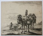 after Karel Dujardin (1626-1678) - Antique print, etching | The two mules, published before 1750, 1 p.