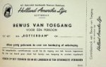 HAL - Bewijs van toegang Holland-Amerika Lijn ss Rotterdam