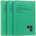 CUSANUS, N. - De docta ignorantia. Die belehrte Unwissenheit. Übersetzt und mit Vorwort und Anmerkungen herausgegeben von Paul Wilpert. Vierte erweiterte Auflage besorgt von Hans Gerhard Senger. Lateinisch-deutsch. Complete in 3 volumes.