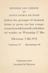 ROOS, S.H. de - Trouwkaart van Hendrik Jan Lebbink en Janna Saskia de Roos, Hilversum, 3 Mei 1933.