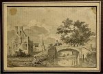 attributed to Cornelis Pronk (1691-1759) - [Antique drawing, watercolour] View on a bridge beside a village (Gezicht op een brug bij een dorp), ca. 1750, 1 p.