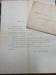  - WIJCK, VAN DER--- Brief van H.C. van der Wijck, d.d. 's Gravenhage 1887, gericht aan leden der Tweede Kamer. 4°, 1 pag., gedrukt.
