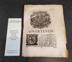 STRATEN, A. VANDER, - Advertentie. De gecommitteerde Raaden van de Staaten van Holland en Westvriesland (...) omtrent de executie van haar Edele Groot Mog. resolutie in dato 11 Mey 1753 raakende het betaalen van het Heere- en Redemtiegeld van de Pastybakkers Knegts...