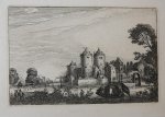 Jan van de Velde II (1593-1641); Claes Jansz. Visscher (II) (1586-1652); Pieter Schenck II (1660-1713) - Antique print, etching | Figures in a pleasure boat near a castle (plezierbootje bij kasteel), published before 1713, 1 p.
