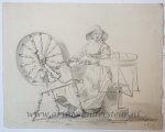 Michiel Jacobus van der Schaft (1829-1889), and/or Anna Jacoba van der Schaft (1860-1938) - [Antique drawing] Woman at a spindle (vrouw bij spinnewiel), ca. 1850-1900.