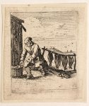 Scheyndel, Gillis van (I) (1594/96-ante 1660) - [Antique print, etching, ets] Man at left placing fish on a rock [Set title: Genre scenes] (Man met vis).