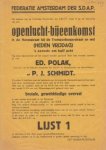 S.D.A.P. FEDERATIE AMSTERDAM - Openlucht-bijeenkomst in de Hunzestraat bij de Trompenburgerstraat en wel (Heden Vrijdag) 's avonds om half acht. Lijst 1. (Raambiljet).