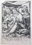 Jacob de Gheyn II (1565-1629), after Hendrick Goltzius (1558-1617) - [Antique print, engraving] The Holy Family beneath a canopy/De Heilige familie onder een luifel, published ca. 1596.