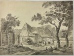  - Antique drawing | Farmer making a straw basket in front of a barn, ca. 1790, 1 p.