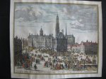 Frederick Frederik de Wit grote gravure uitgever gevestigd In de Witte Pascaert - fraai gekleurde gravure ets stadsgezicht profiel panorama  Amsterdam Amsteldam Stadt-huys, waegh en marckt van amsteldam, anders genaemt den dam.