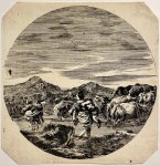 after Stefano della Bella (1610-1664) - Antique print, etching | Two women cross river after herd [Twee vrouwen steken rivier over achter kudde aan (Animali)], published ca. 1650, 1 p.