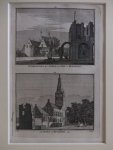 Rijnsburg. - Overblyfsel der Abdye en 't Hof te Rynsburg/ De Kerk te Rynsburg, 1730.