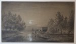 Unknown master - [Original drawing/tekening] Nocturnal landscape, ca 1850-1900.