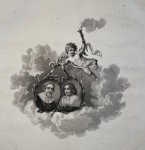 Van Senus. - Portrait print 1827 | Portrait print of two portraits in medallion held together by a putti. In the medallion: Hugo de Groot and Maria van Reigersbergen, 1 p.