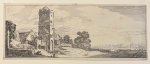 Jan van de Velde II (c. 1593-1641) - Antique print, etching | Square tower and a church, published 1615, 1 p.